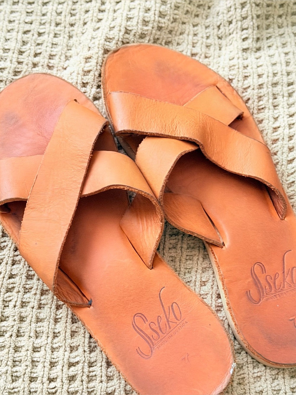 Sseko Cognac Leather Slide with Embossed Logo